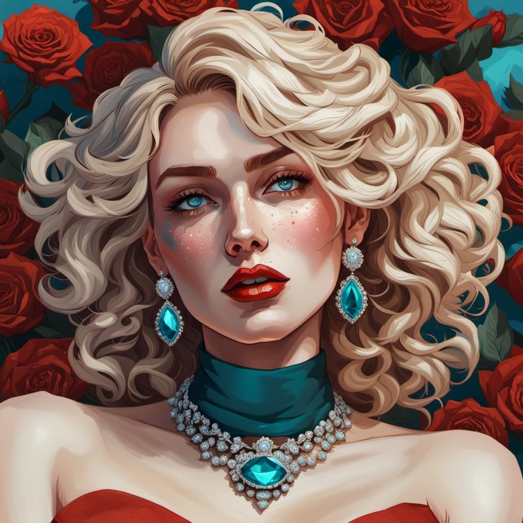 Sad Blonde Girl with Roses, Hyperdetailed Art