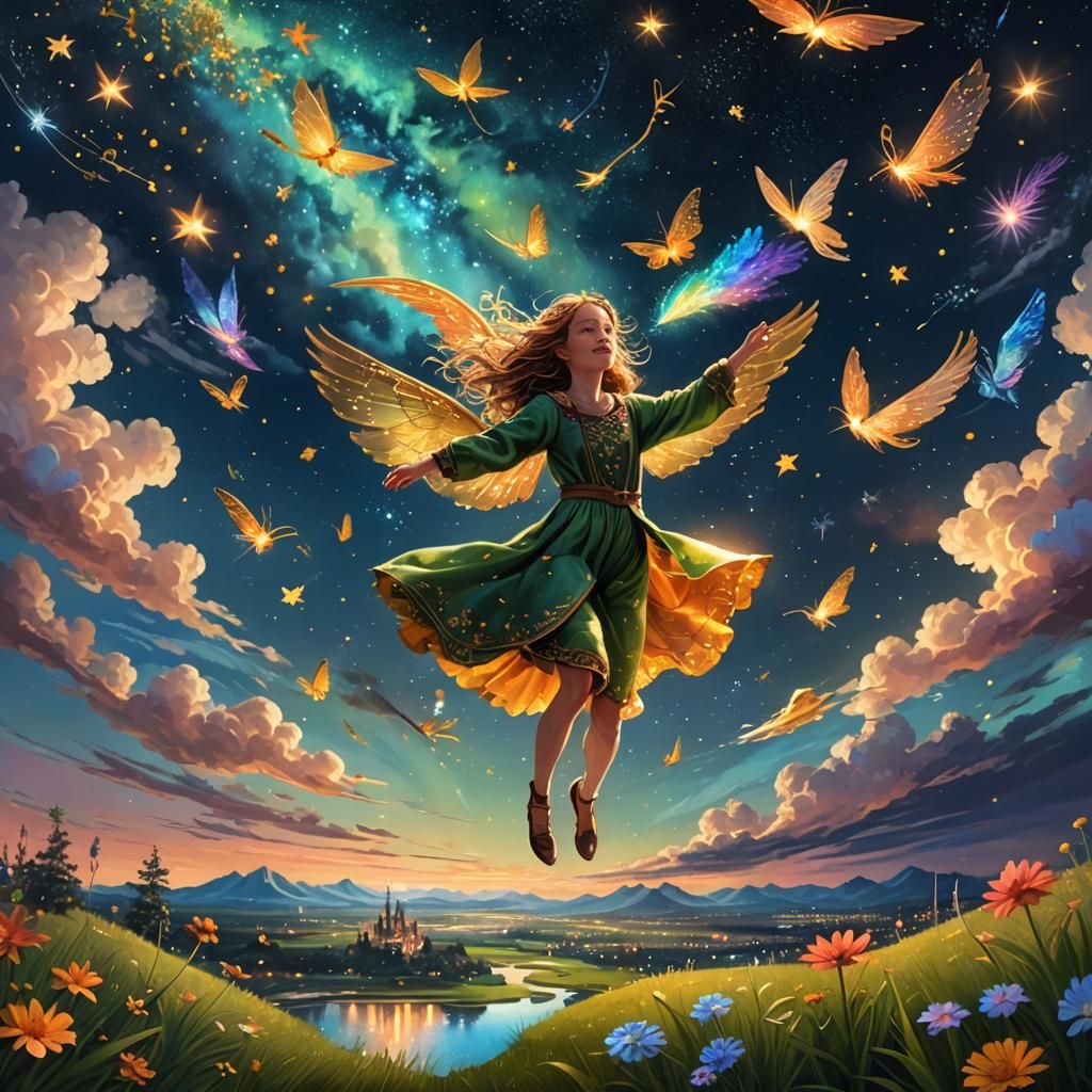 Ethereal Girl Floating Above Fantasy Island