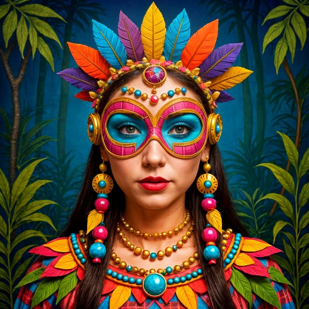 Plaid Tiki Mask of a Woman's Face