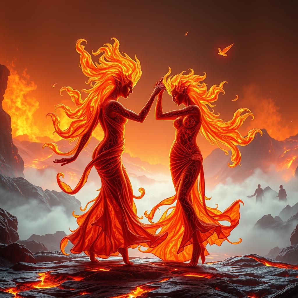 Fire Elementals Waltz in Volcanic Landscape