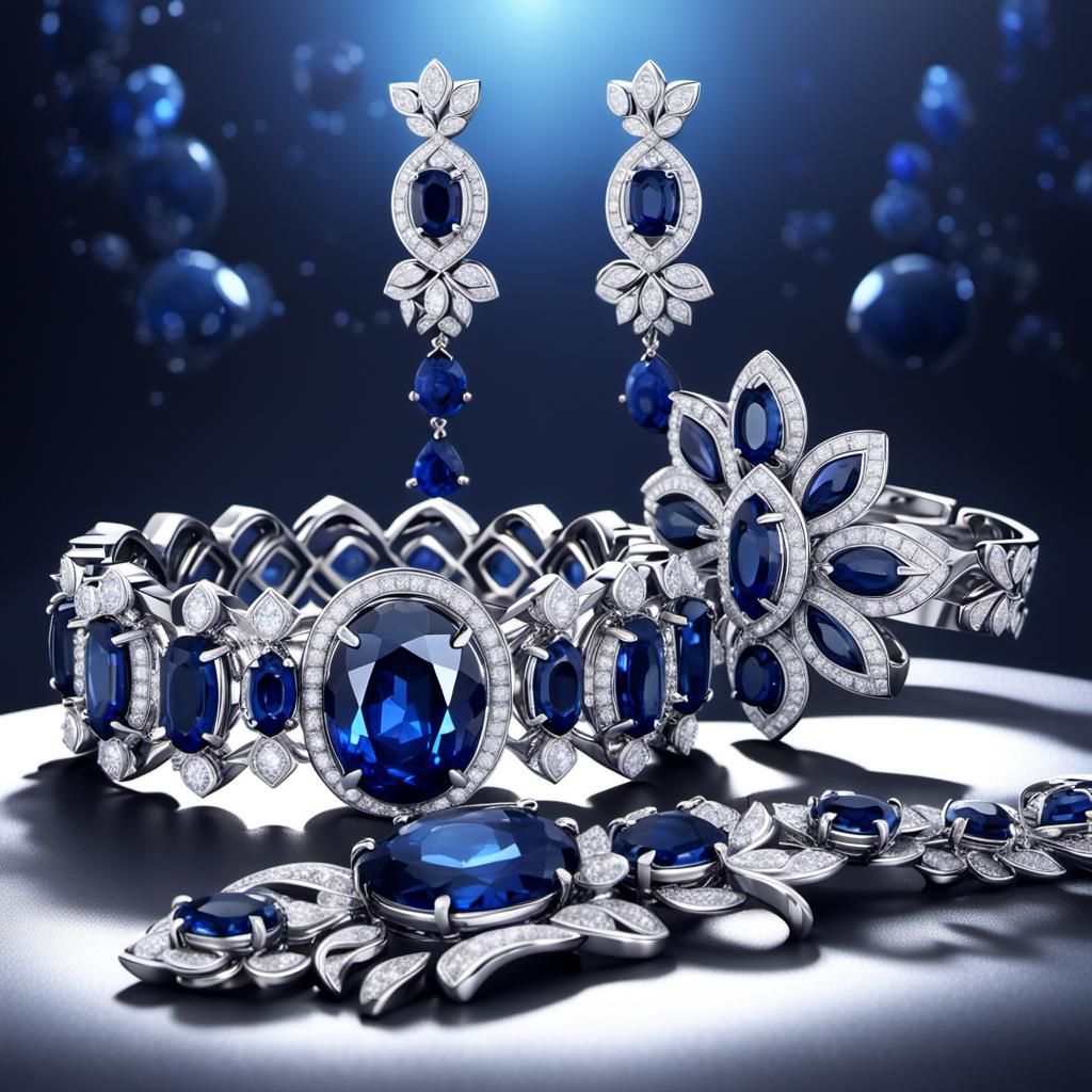 Sapphire and Diamond Jewelry Set in Detailed Matte Painting