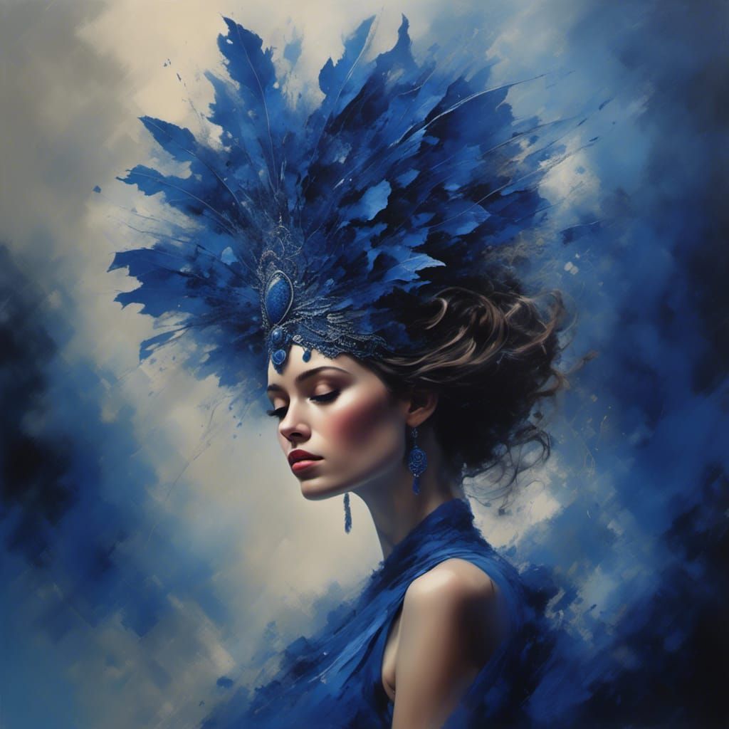 Elegant Woman with Exploding Blue Headdress