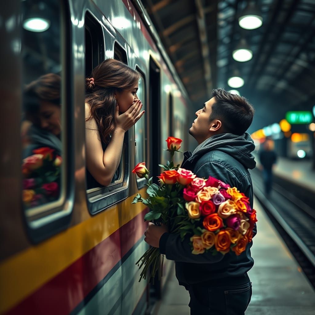 Train Station Kiss: A Couple's Tender Goodbye