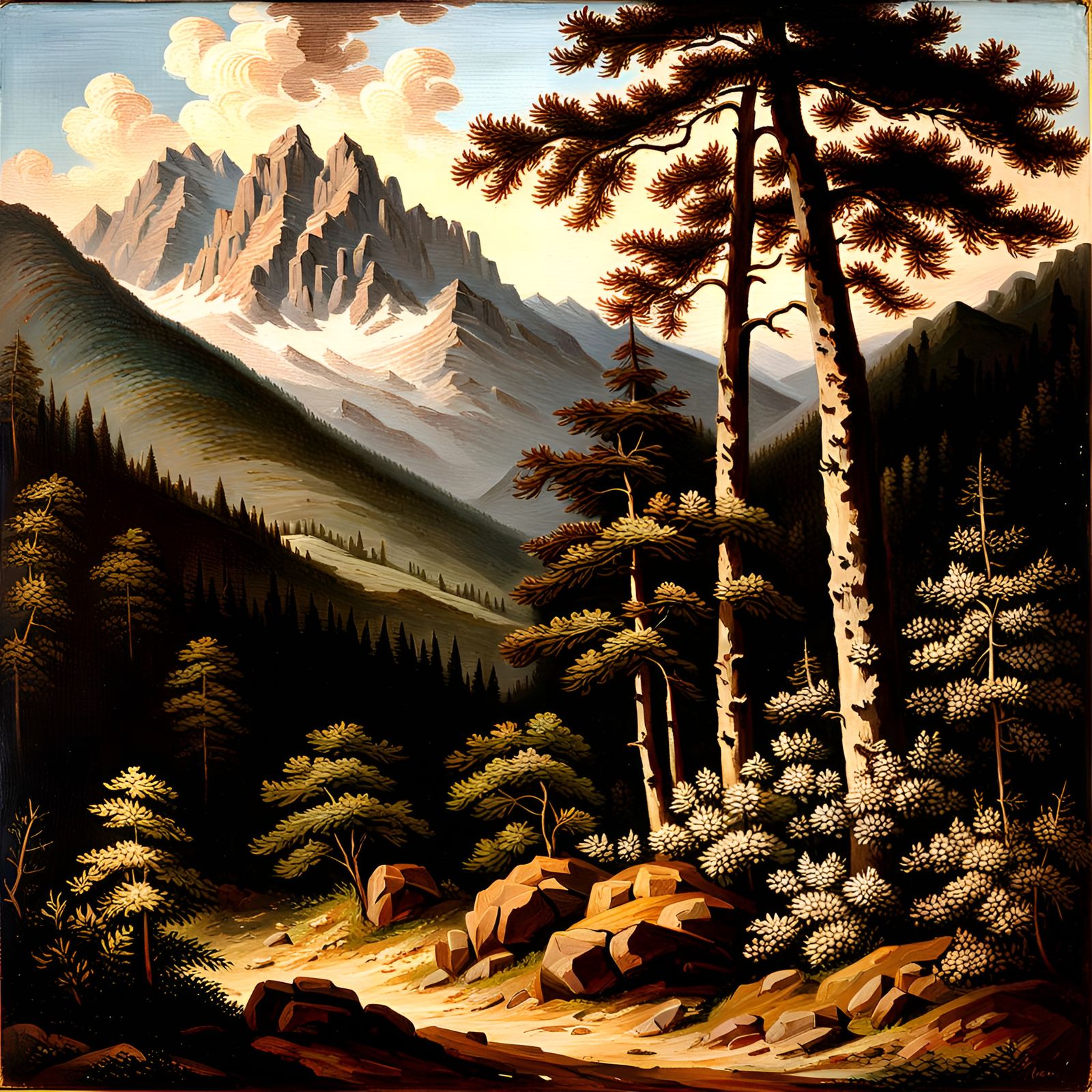 German Mountain Landscape: 19th Century Oil Painting