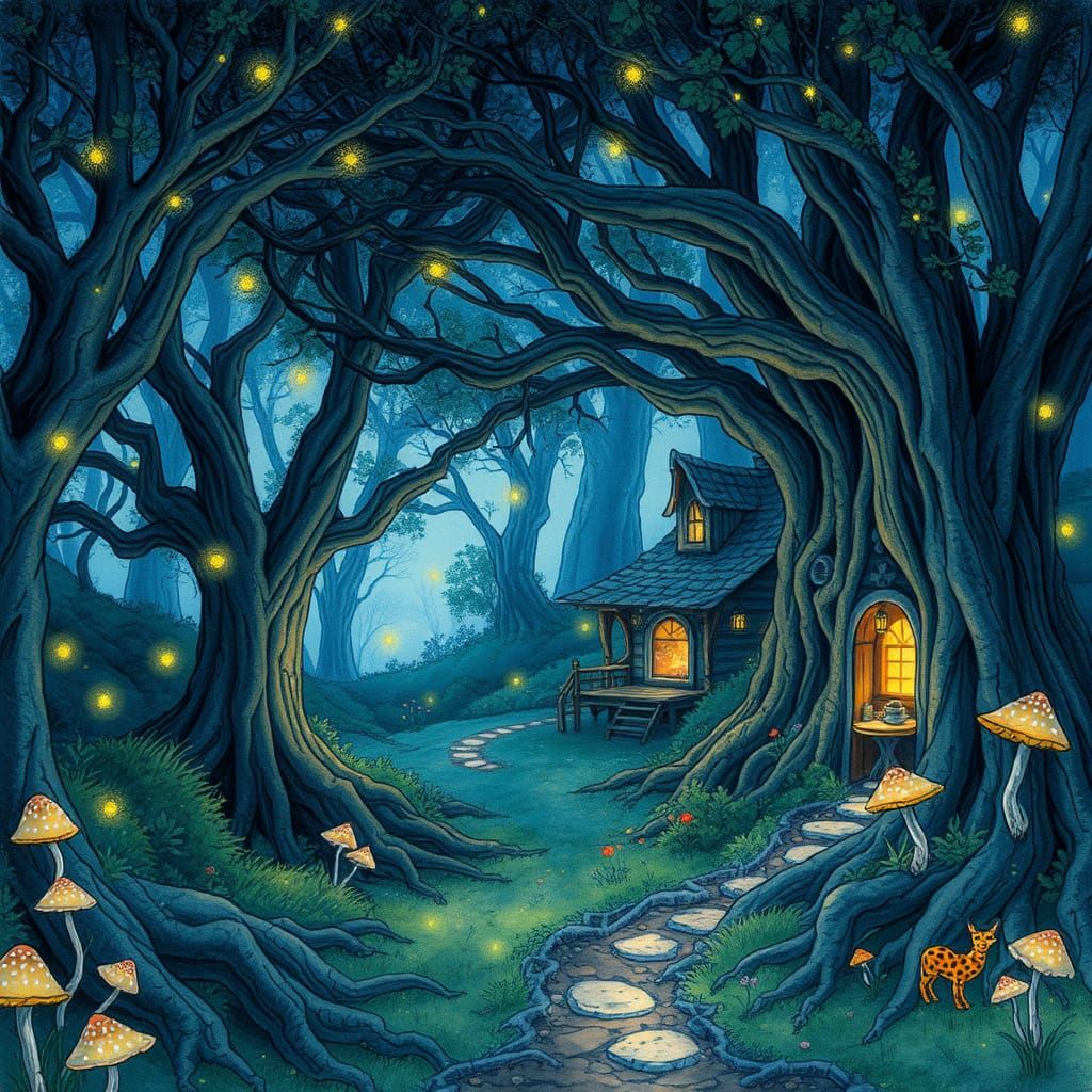 Enchanted Forest Tavern with Magical Glow