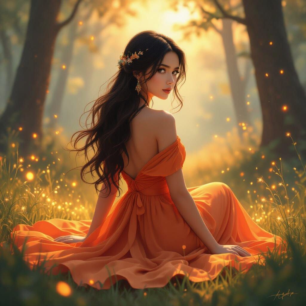 Beautiful Girl in Orange Dress in Glowing Forest Clearing