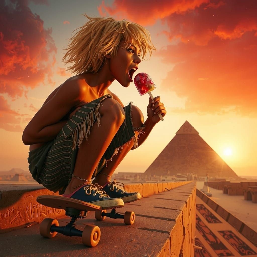 Pharaoh with Popsicle in Retro-Futuristic Style