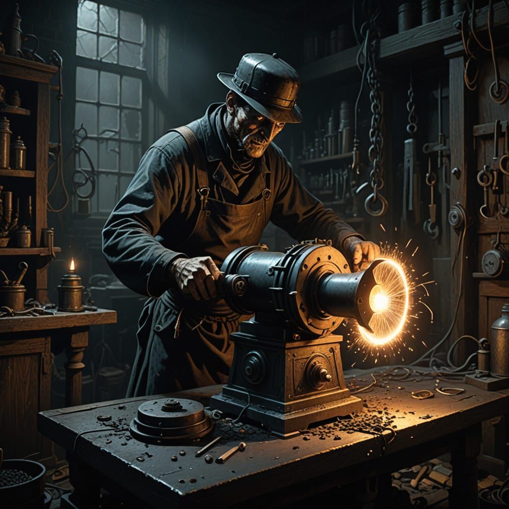 Electric Grinder in a Haunting Workshop Scene