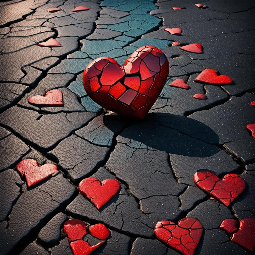 Surreal Broken Hearts on Cracked Asphalt Road