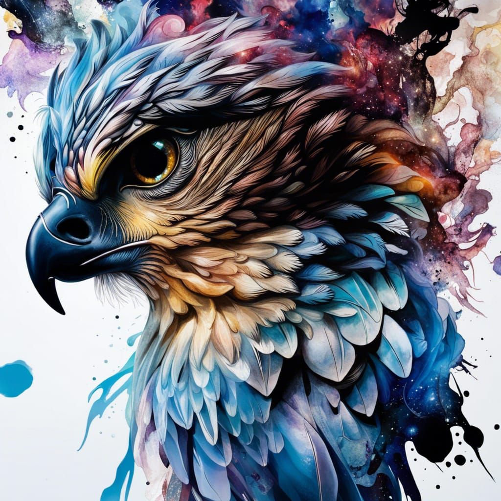 Fluffy Falcon Portrait in Inkblot Art Style