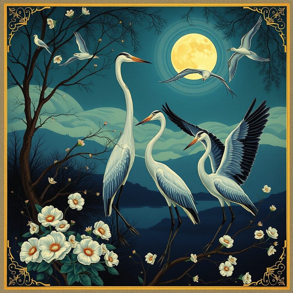 Art Deco Fantasy: Pearl Sun, Cranes, and Herons
