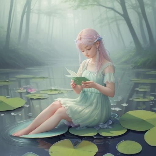 Pastel Baby Naiad in Misty Forest, Impressionistic Style