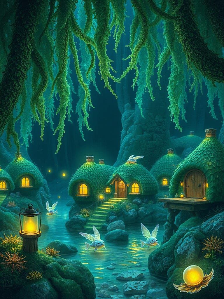 Bioluminescent Kelp Village: Dreamlike Underwater Scene