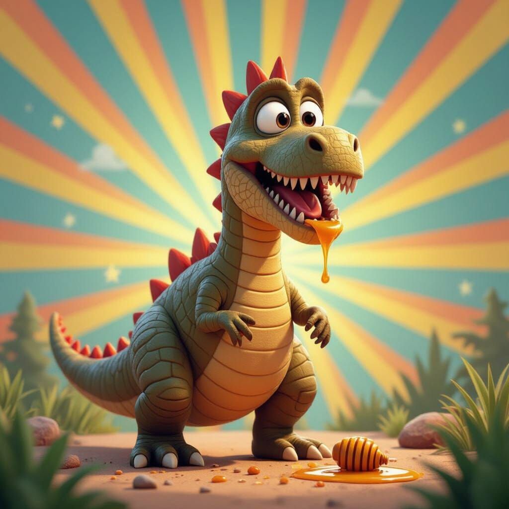 T-Rex Enjoys Honey: Pixar-Style 3D Render