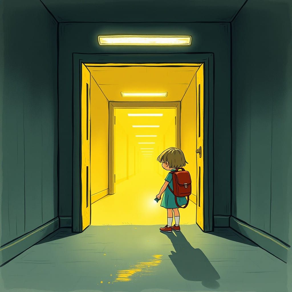 Mysterious Girl Stands at the Threshold of a Glowing Backroo...