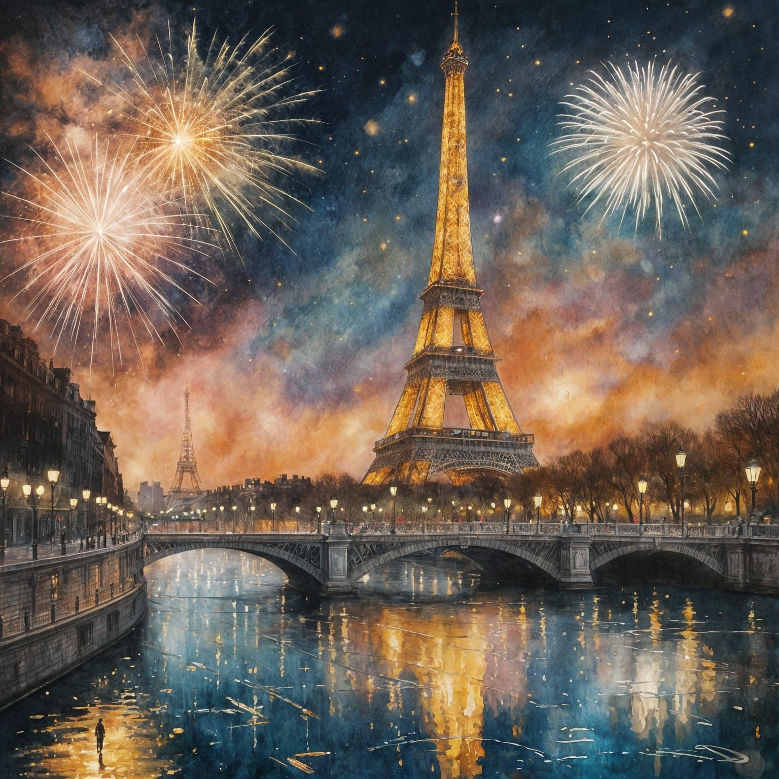 Elegant Double Exposure of Eiffel Tower at Night in Gouache ...