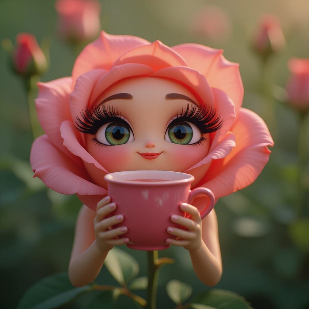 Anthropomorphic Rose Having Tea: Cinematic Still