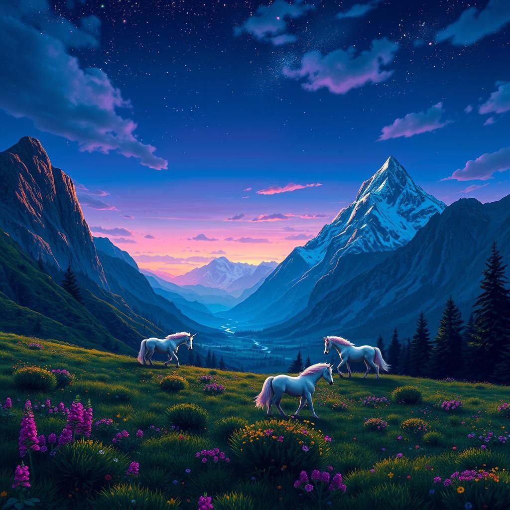 Pixel Art Mountain Range at Dusk with Unicorns