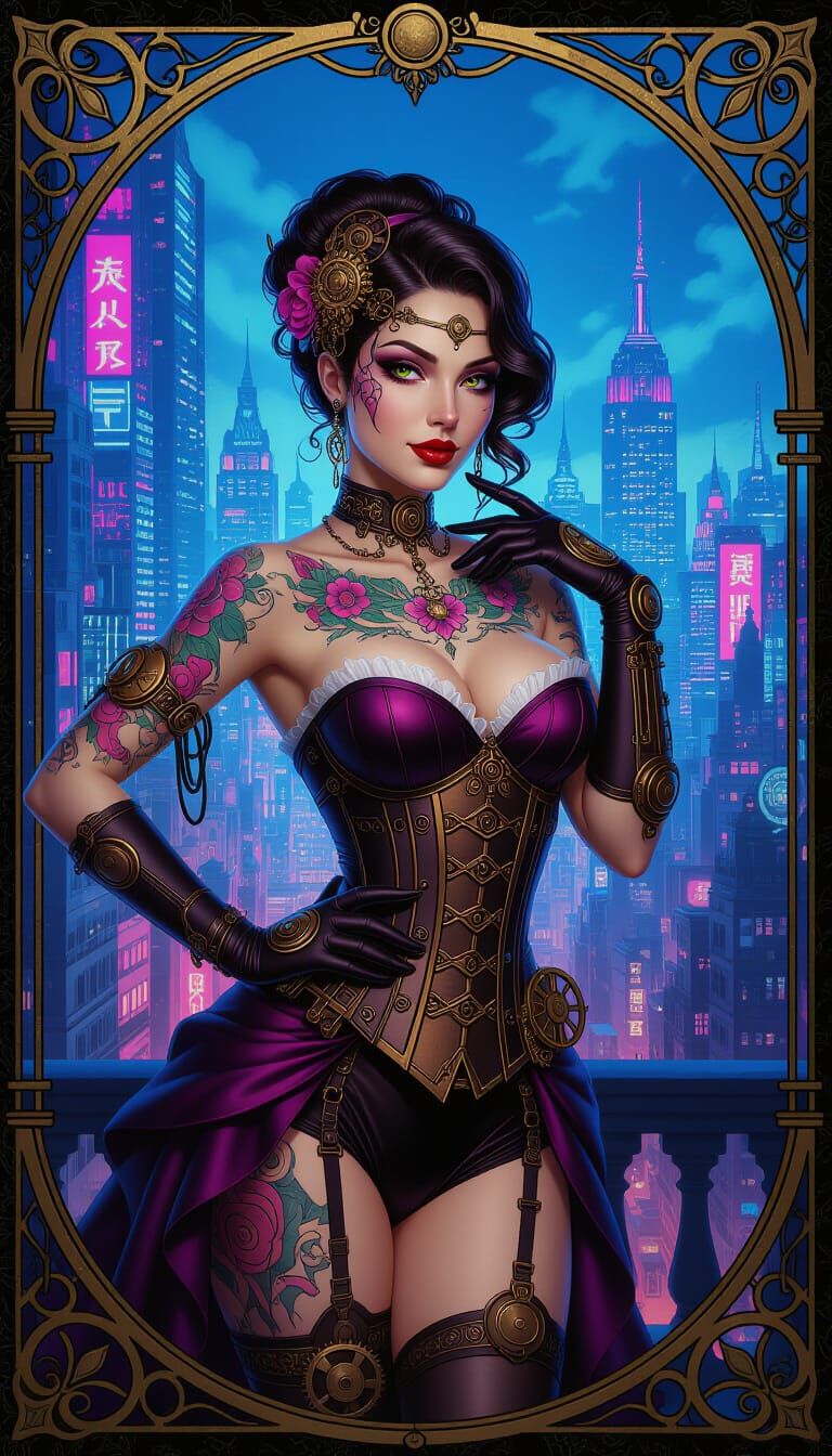 Steampunk Art Nouveau Pin-Up in Cyberpunk Metropolis
