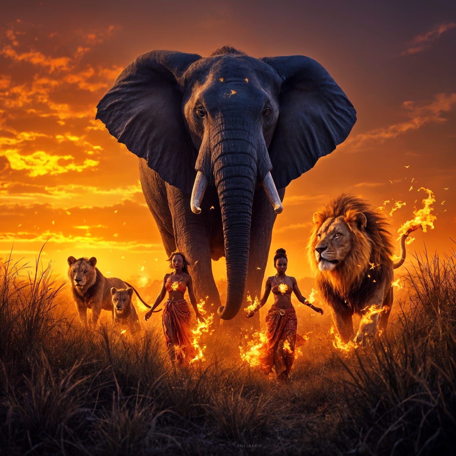 African Animals and Maasai Dancers in Fiery Sunset