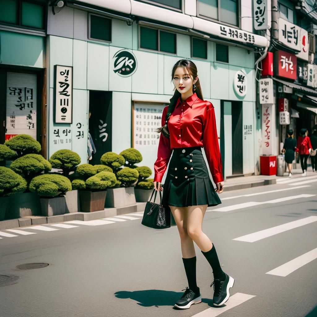 Korean Girl in Red Top on Hongdae Street