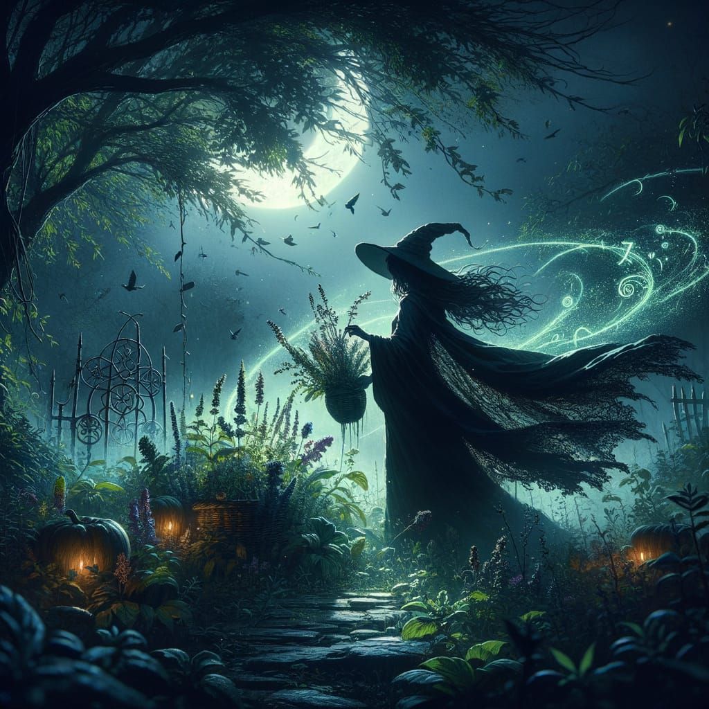 Gothic Witch Gathering Herbs in Enchanted Garden