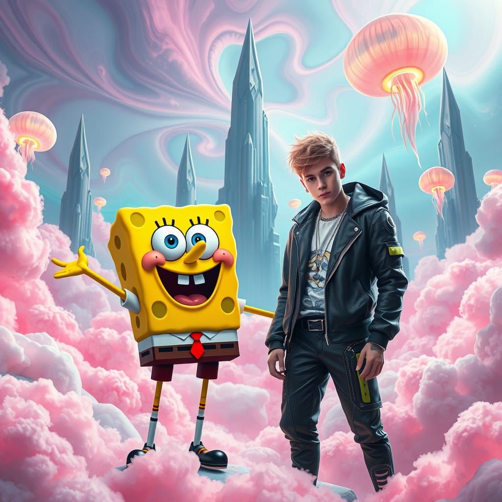 Spongebob and Justin Bieber in Vibrant Fantasy Realm