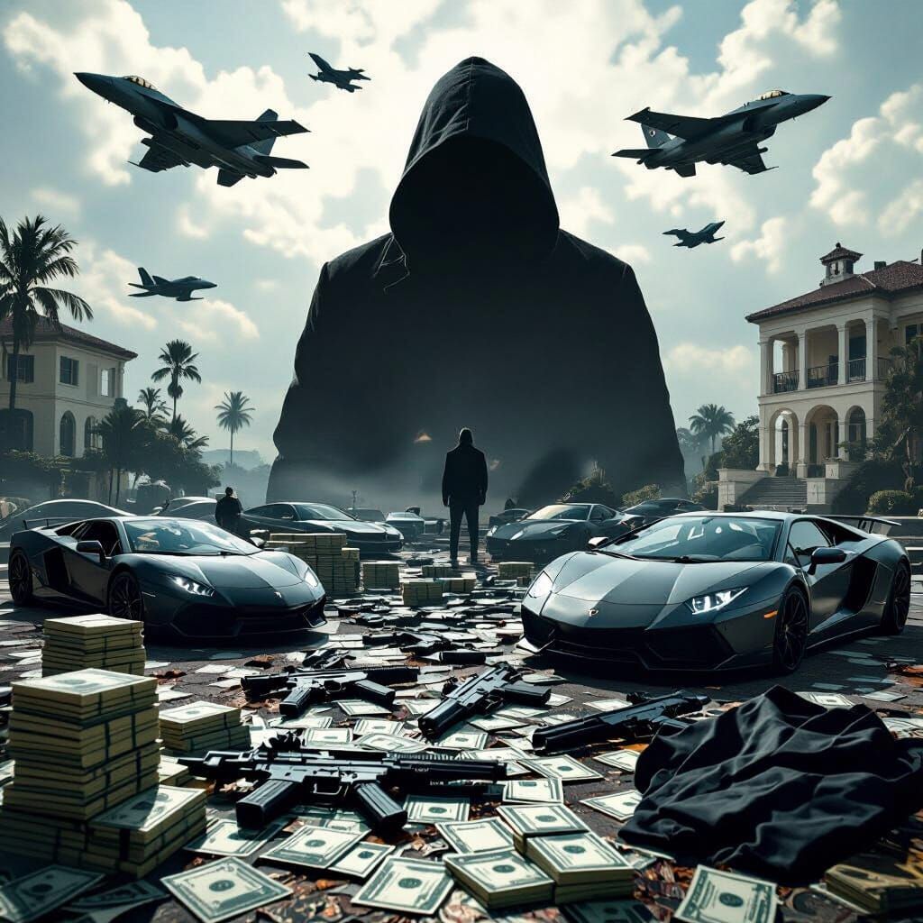 Shadowy Figure Overlooking Wealth and Power Montage