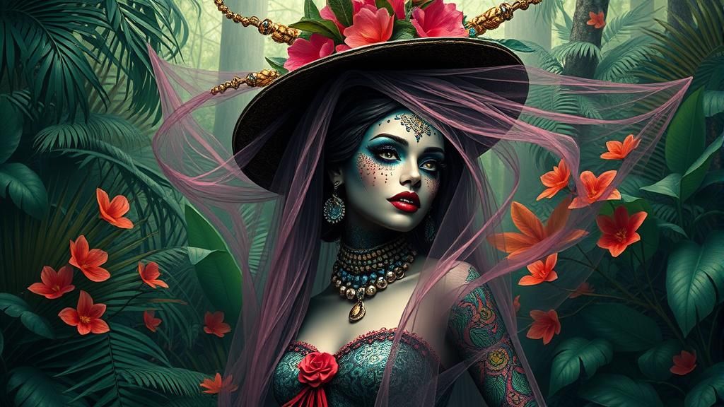 Kitschy Voodoo Lady in Botanical Jungle Art