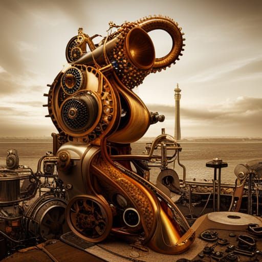 Steampunk Engine with Surreal Saxophone