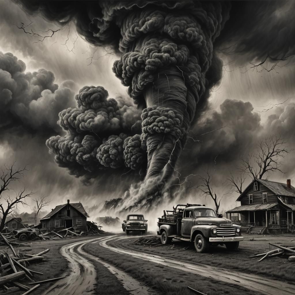 Dramatic Tornado Approaching Farmhouse in Charcoal Style