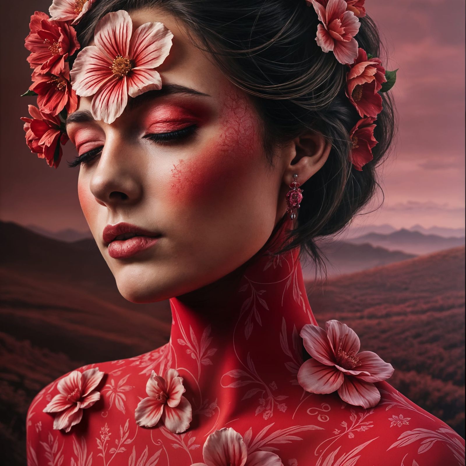 Psychedelic Floral Portrait of a Pensive Woman