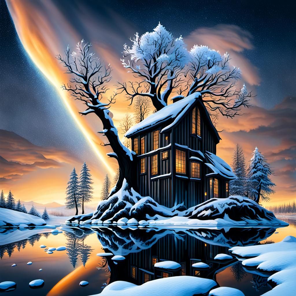 Snowy Winter Landscape with Trees and Water