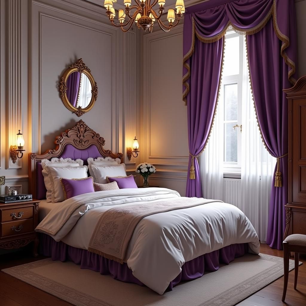 Elegant Bedroom with Plush Bed and Velvet Curtains