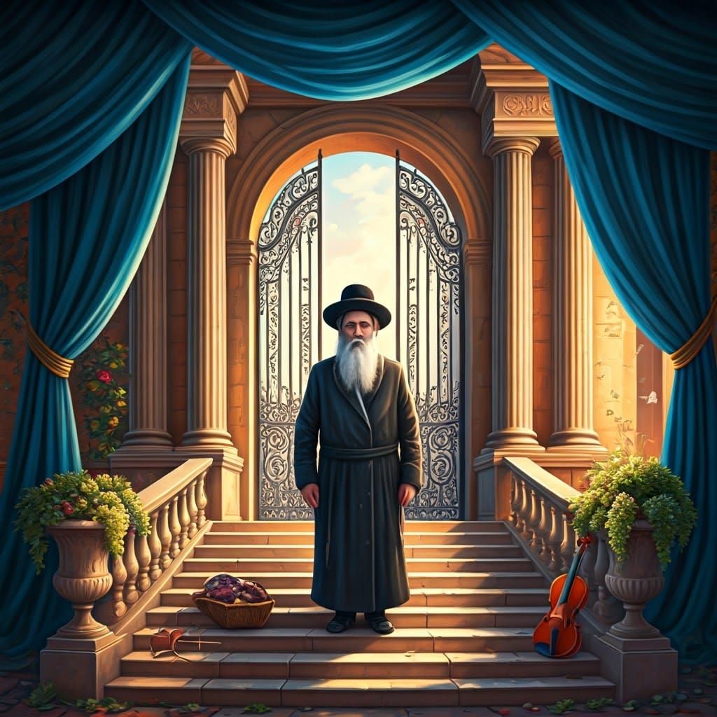 Elegant Hasidic Gate with Majestic Rebbe in Whimsical Style