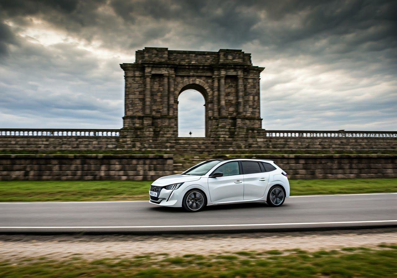 Sleek White Peugeot 208 SW Speeds Past Ancient Celtic Temple