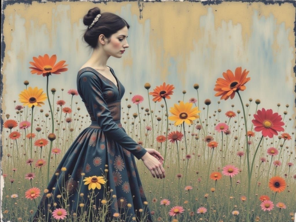 Woman with Floral Background in Klimt Style