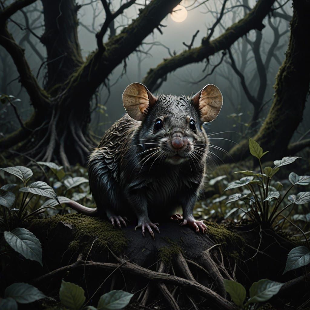 Gothic Mouse Amidst Twisted Moonlit Night Garden