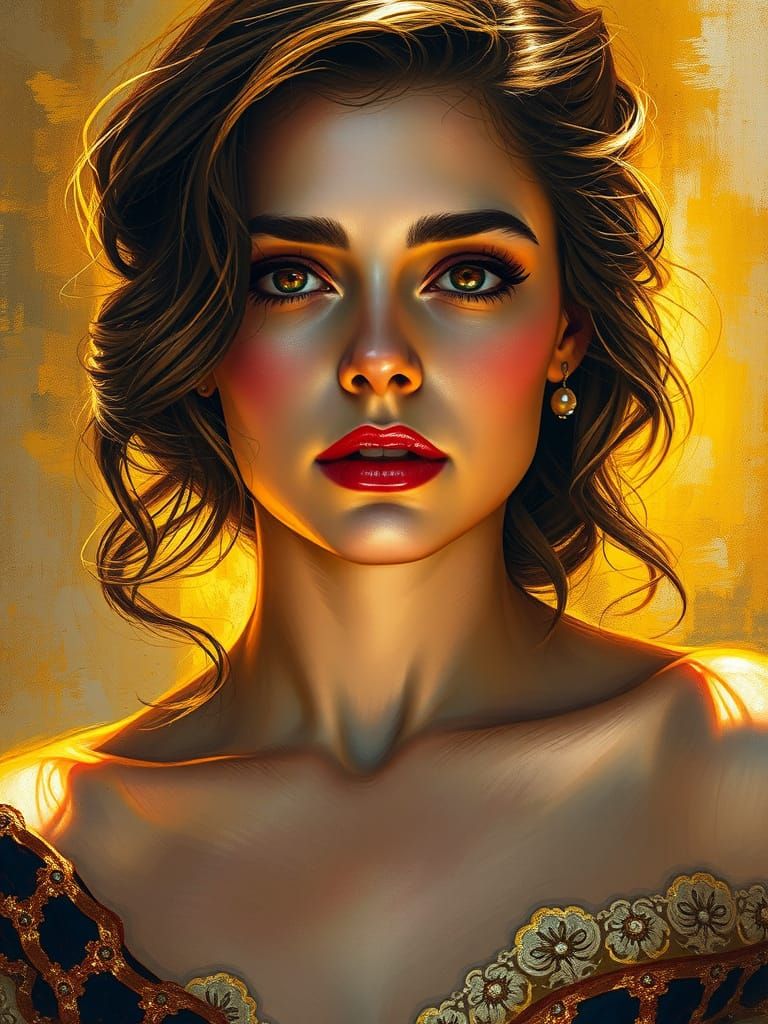 Woman's Portrait in Golden Light and Flowing Brushwork