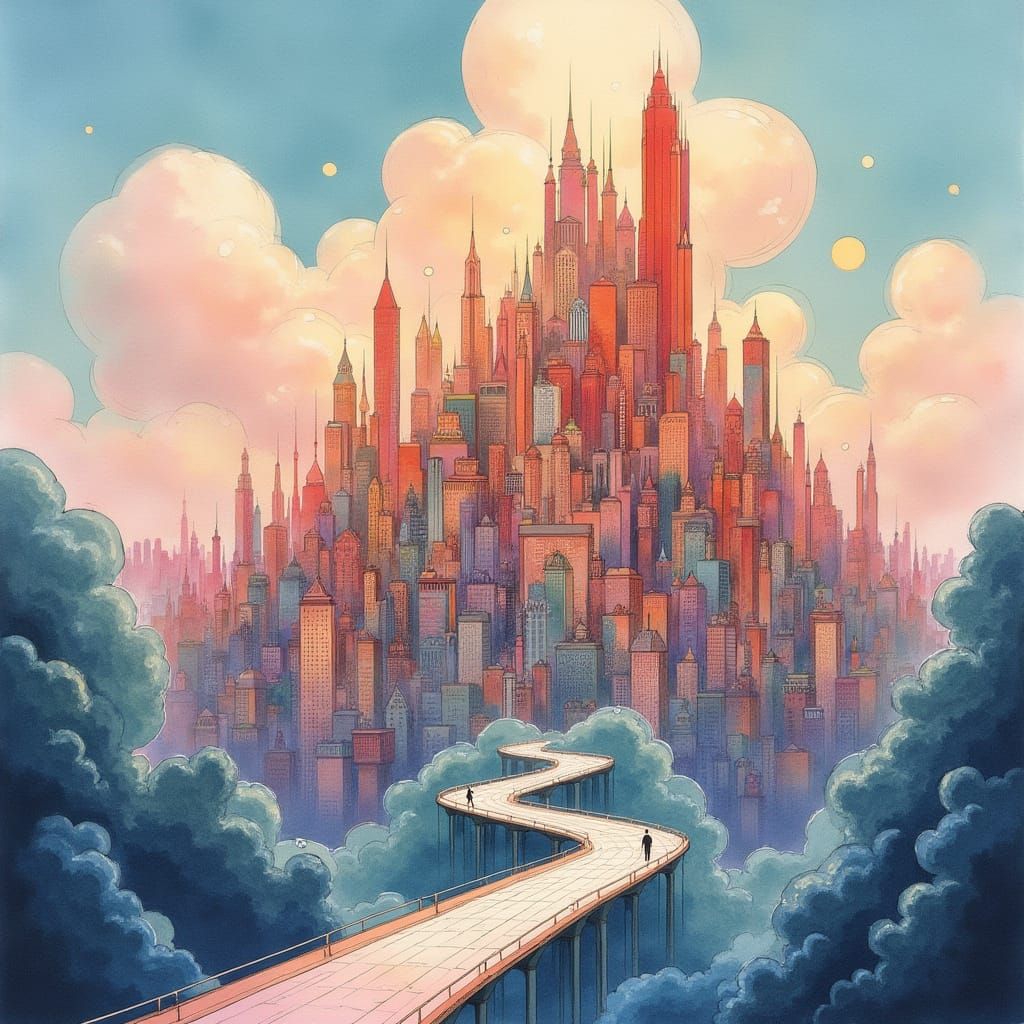 Cyberpunk Cubist Cityscape in Watercolor