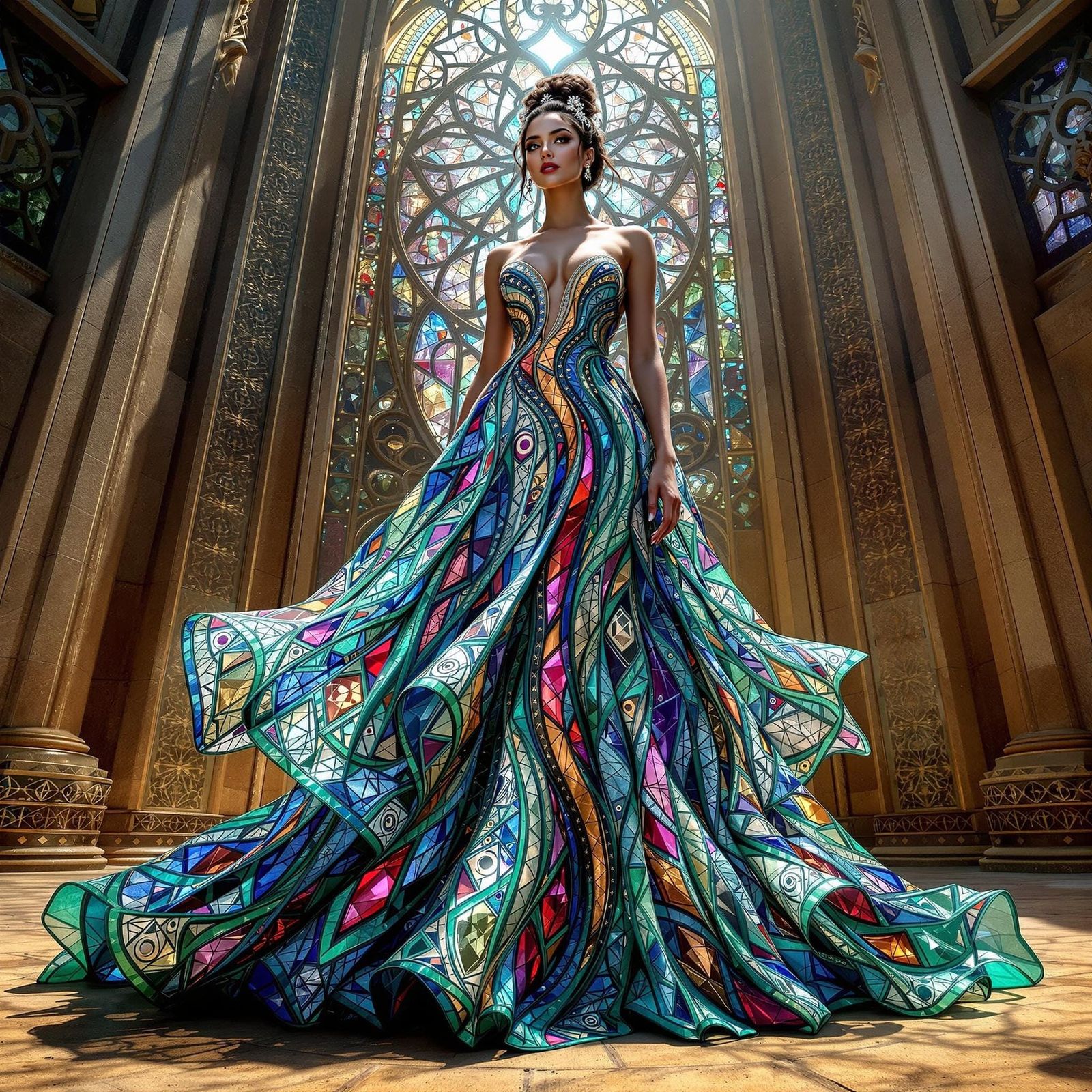 Regal Maori Goddess in Stained Glass Gown