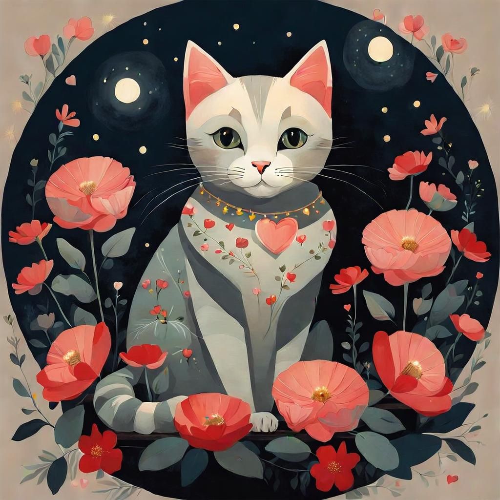 Cute Cat with Flowers Digital Illustration