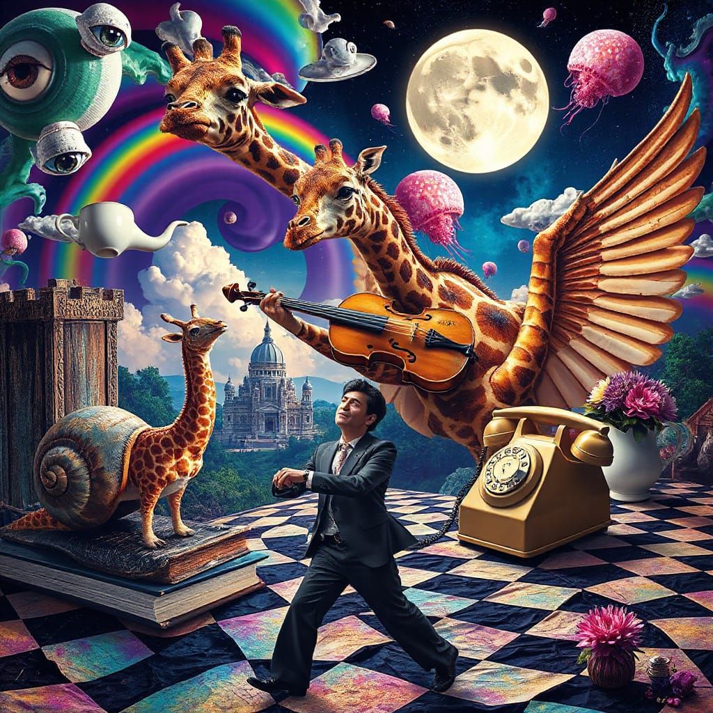 Surreal Dreamscape: Three-Headed Giraffe Violinist Among Biz...
