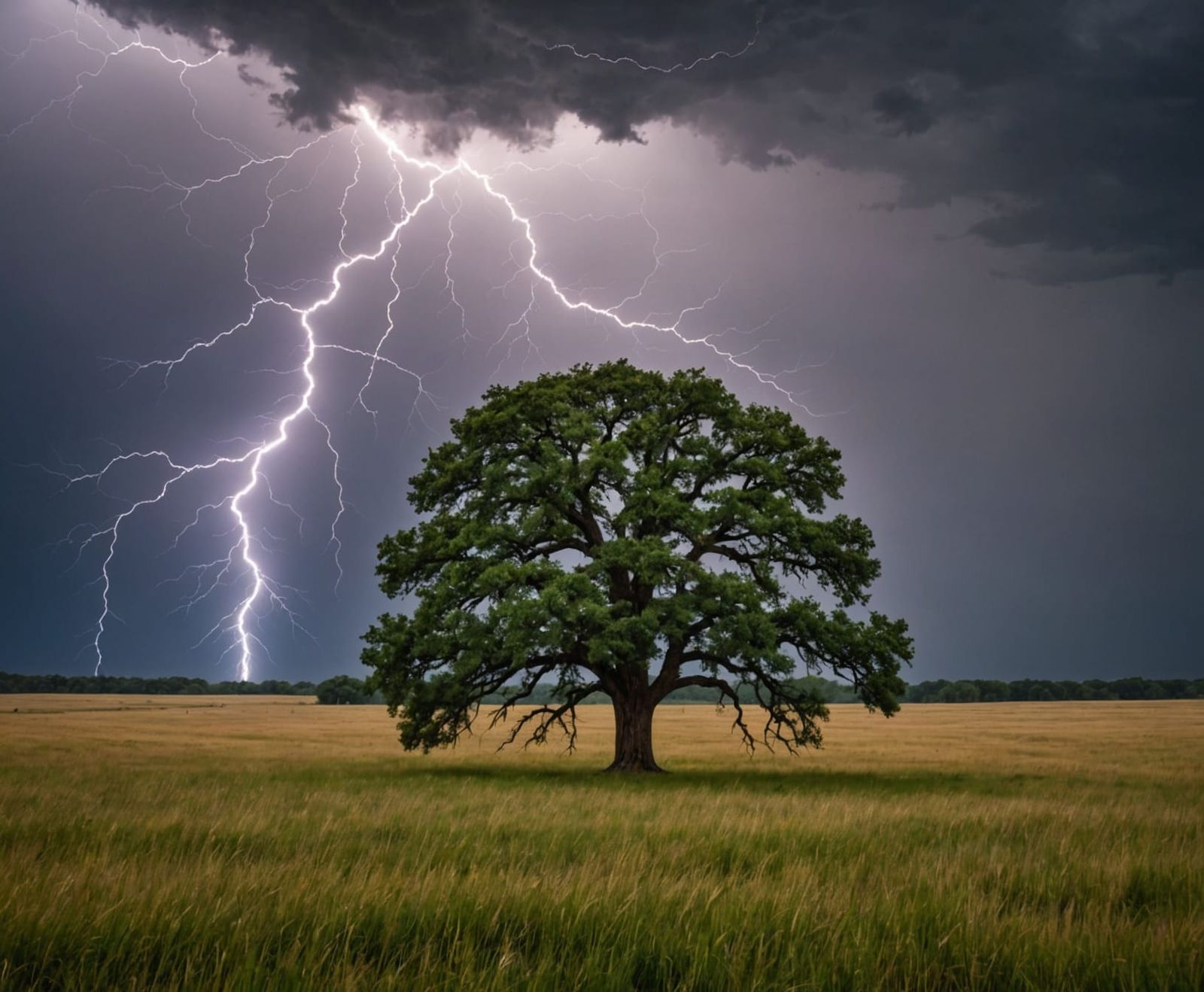 Lightning Strikes Oak Tree on Rainy Prairie