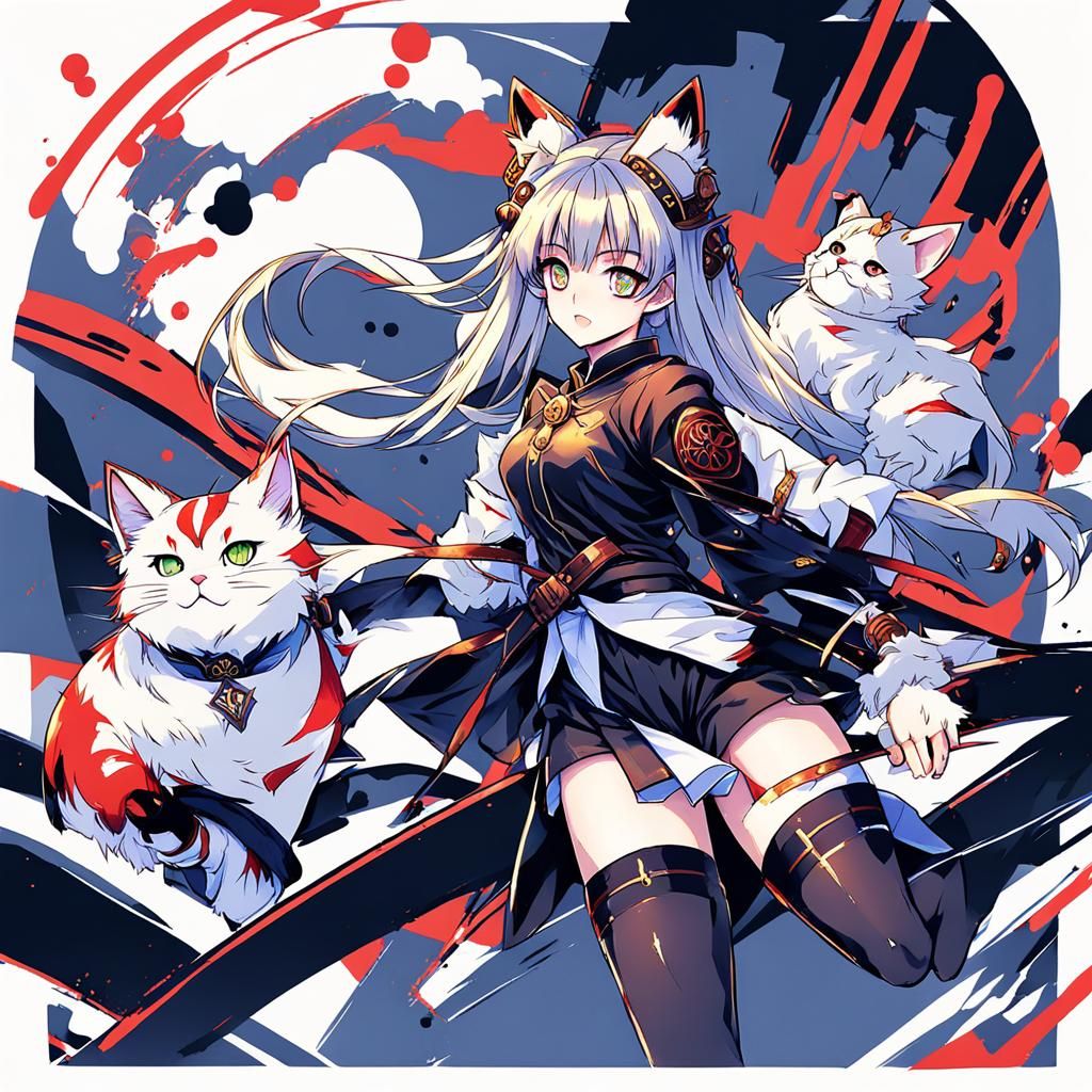 Anime Style Chinese Warrior Girl with Cat Ears