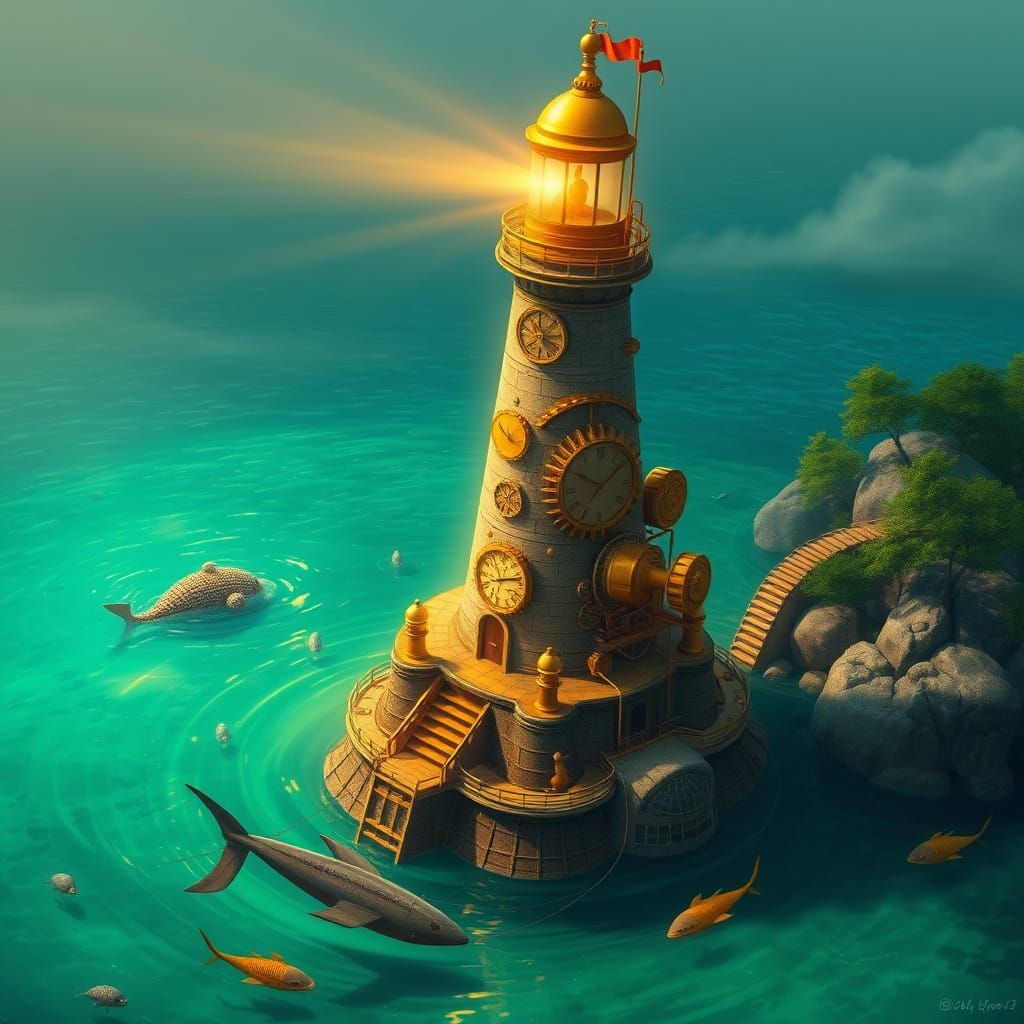 Steampunk Lighthouse Rising from Tranquil Lagoon