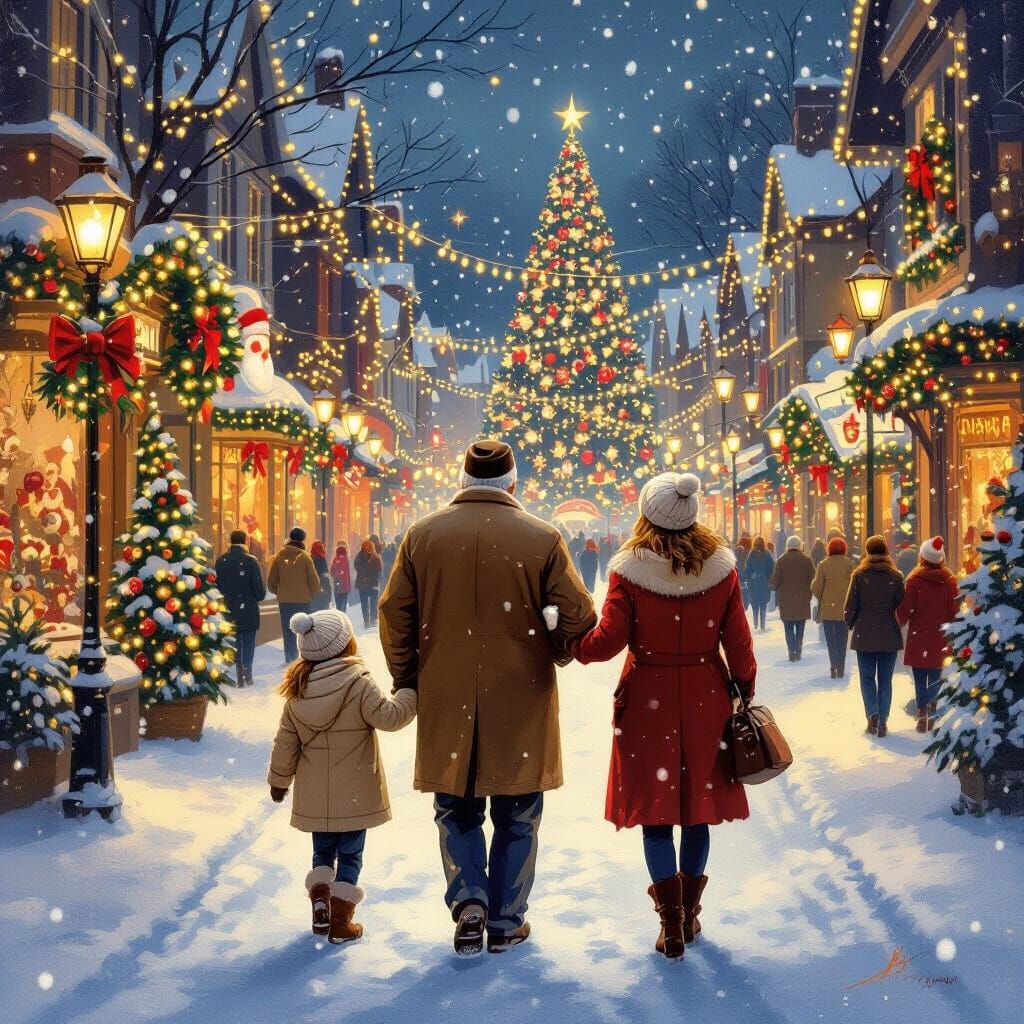 Heartwarming Christmas Street Scene in Illustrative Style