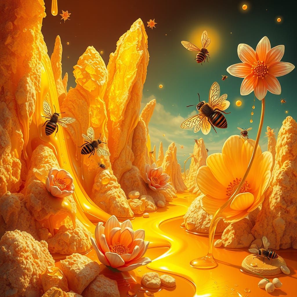 Surreal Honey Landscape with Giant Bees and Sugar Flowers