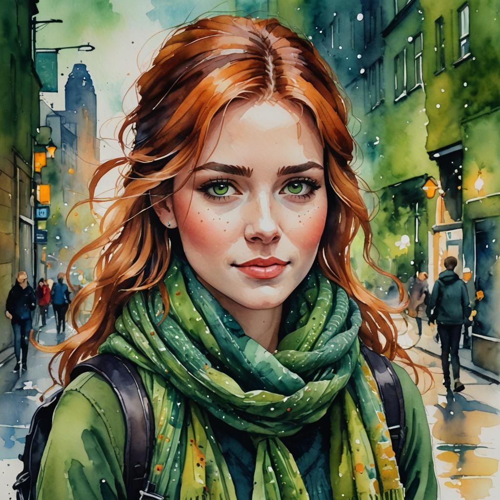 Pleasant Woman in Glasgow, Watercolor Impasto Gouache