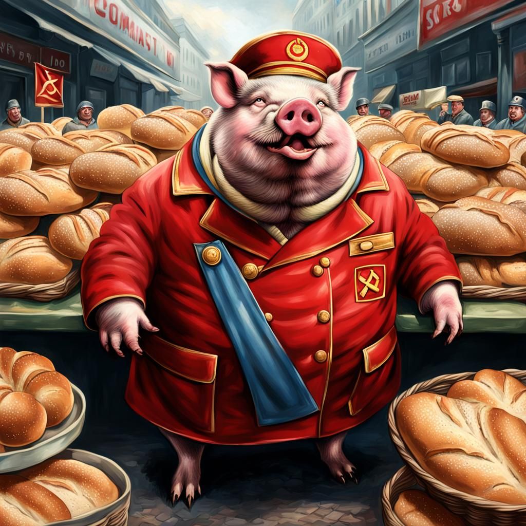 Anthropomorphic Pig Oversees Bread Line